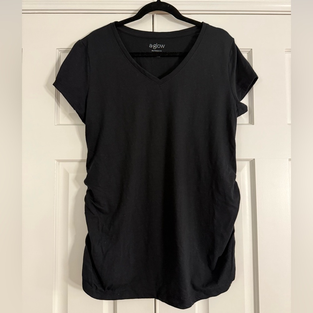 Aglow Maternity Black V-neck Ruched Shirt Sleeve Shirt Size XL